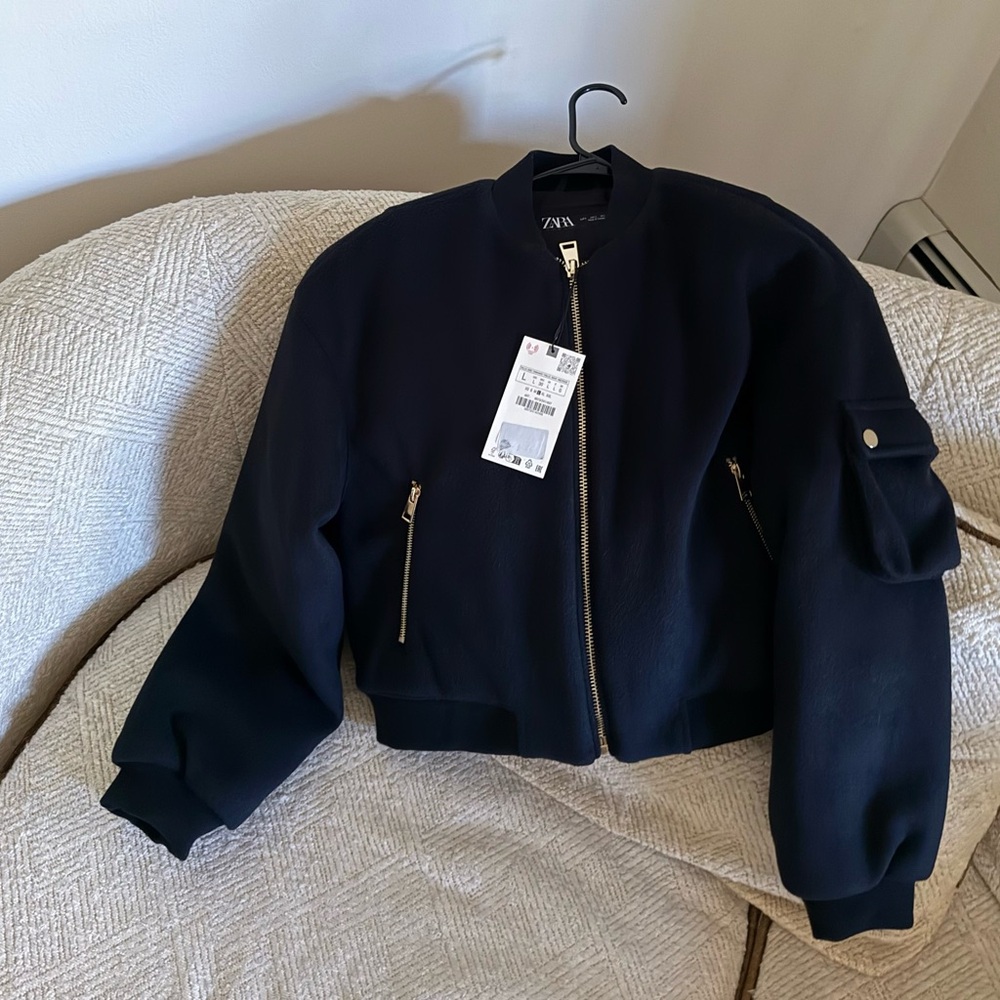 Zara size L Women's NAVY BLUE color NEW Bomber Jacket with Gold Accents